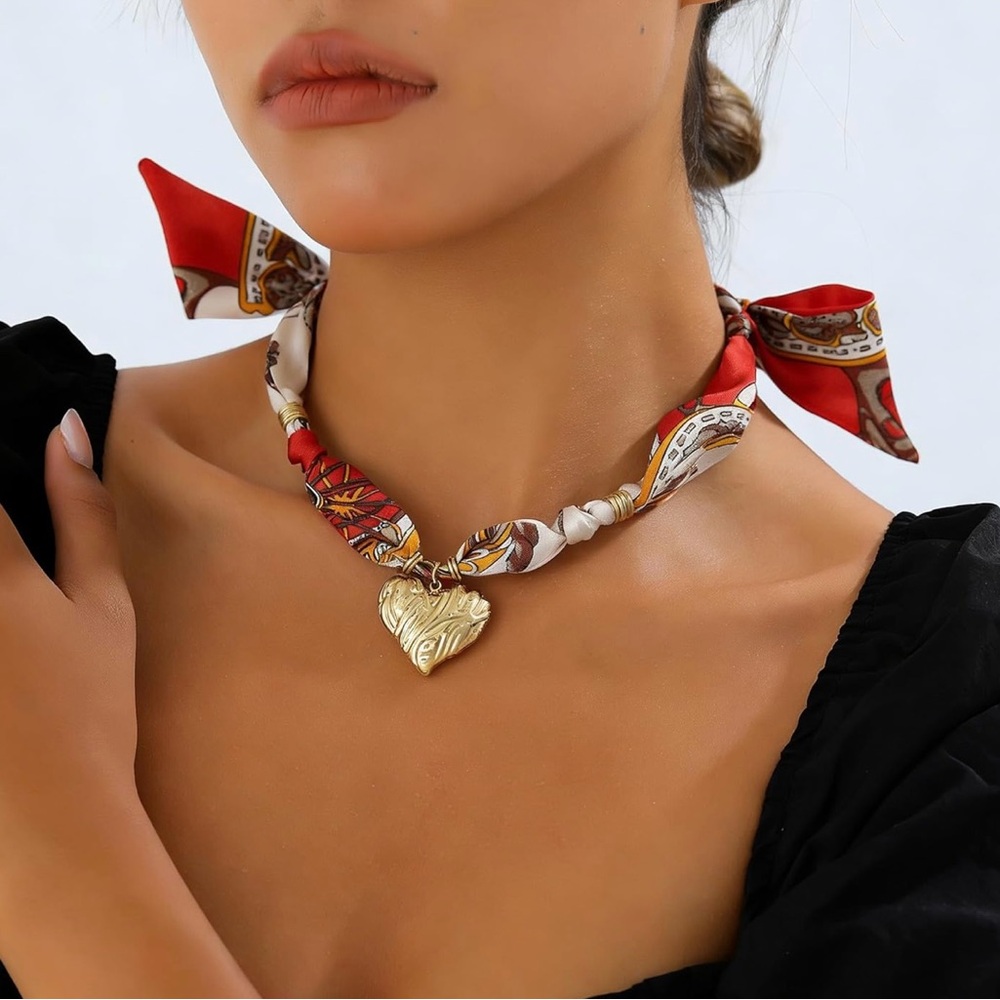 Scarf Necklaces Gold Heart Charms Non-Tarnish Necklaces, Fabric Necklace
